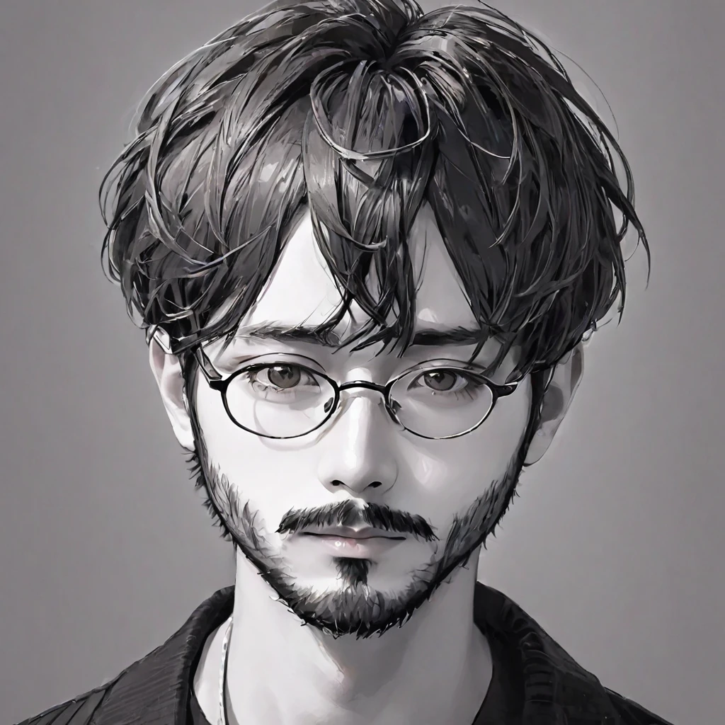 (((Black and white art:1.2、Sepia photo、RAW Photos、Film Grain)))、highest quality、High resolution、High resolution、Cinema Lighting、Black and white photography、Professional Photographer、Attractive hairstyle、man, with stubble, short beard, short mustache, Beard scum, slightly curly hair, and black square plastic-framed glasses,whole body