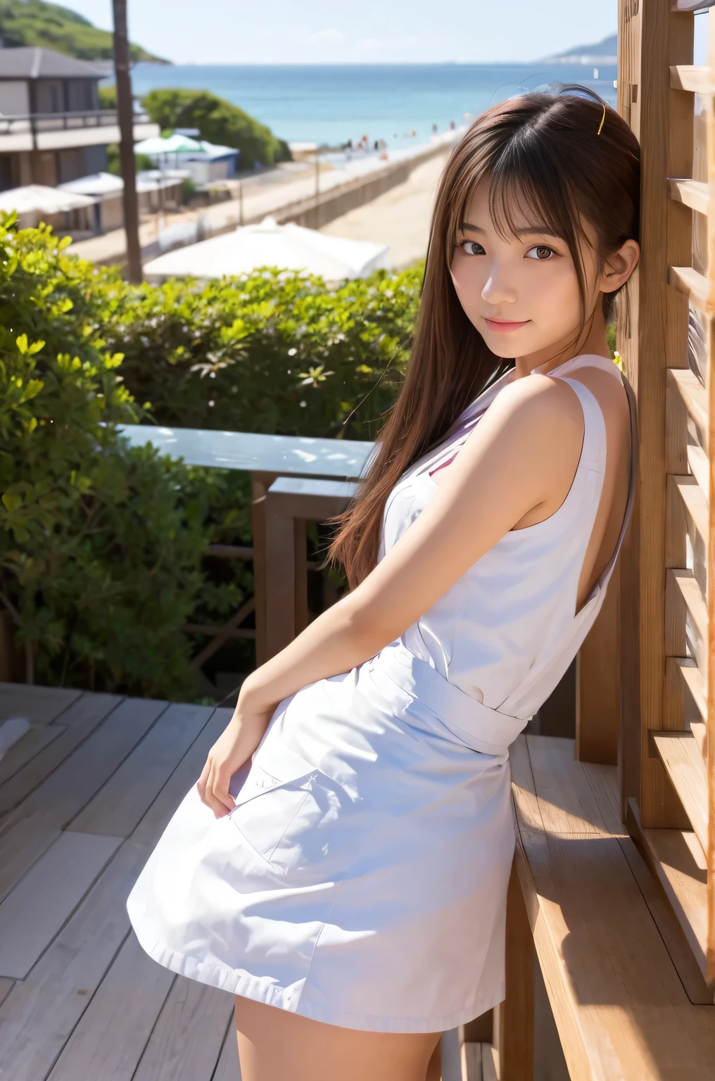 Pretty 21 year old woman(Japanese face)Wearing an apron and a miniskirt、Being at the beach house