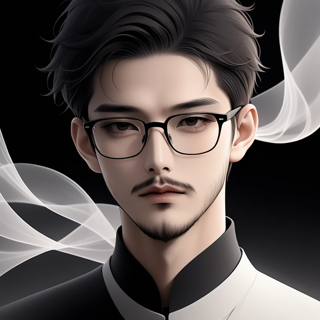 an Asian man with stubble, short beard, short mustache, Beard scum, slightly curly hair, and black square plastic-framed glasses,unique,portrait,artistic conception,abstract,black and white