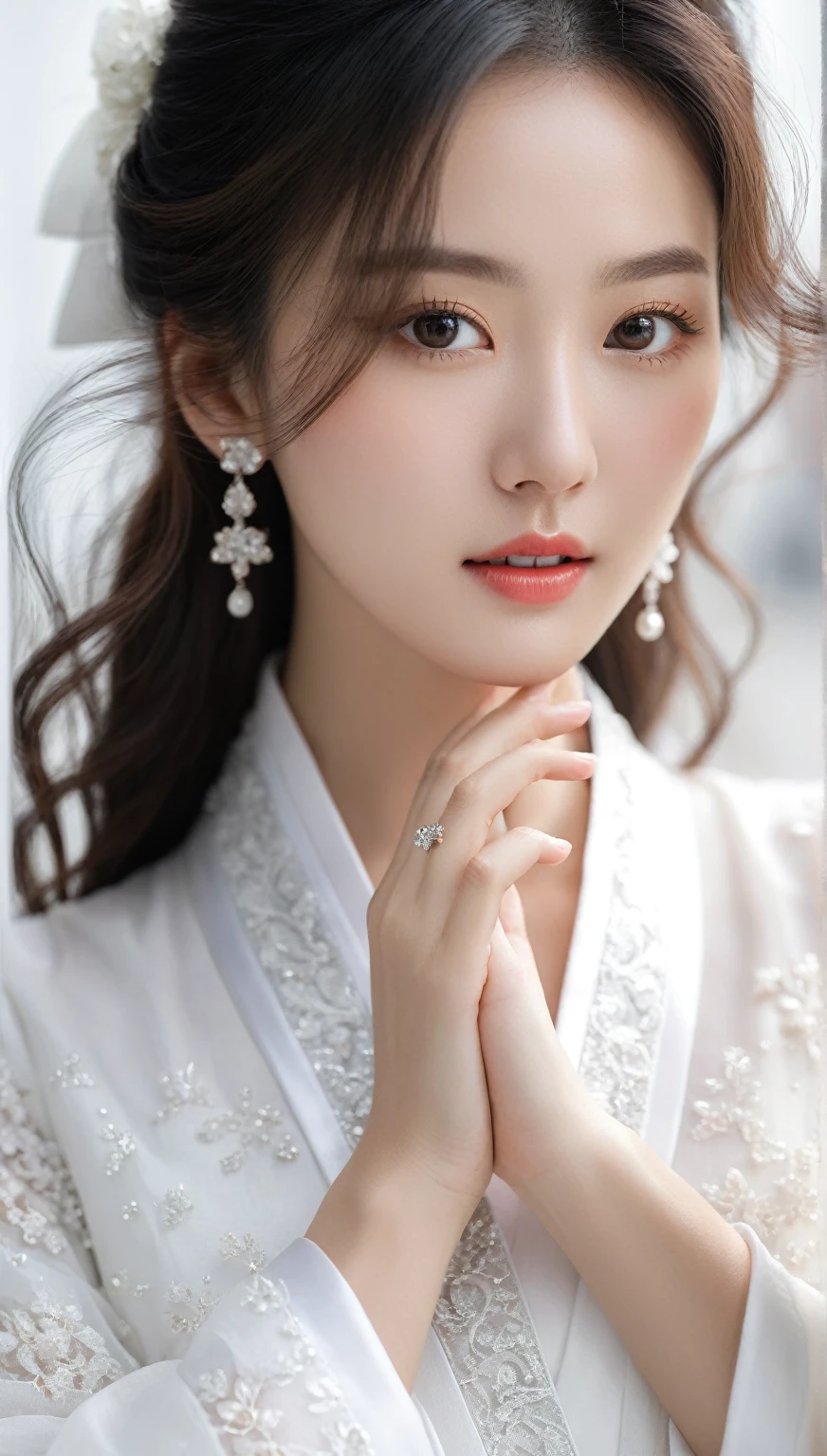 beautiful Korean woman, (((Mikamaria))), Motion blur, black and white close up, white background, a woman in an intricate and pure white hanbok dress with translucent stinging air particles on the hemline, professional fashion photography, super macro, super detailed texture of long wavy hair, poster style, minimalist ::1, tilt-shift of hands and face, Nikon, Hasselblad, Canon, Fuji, 16K
