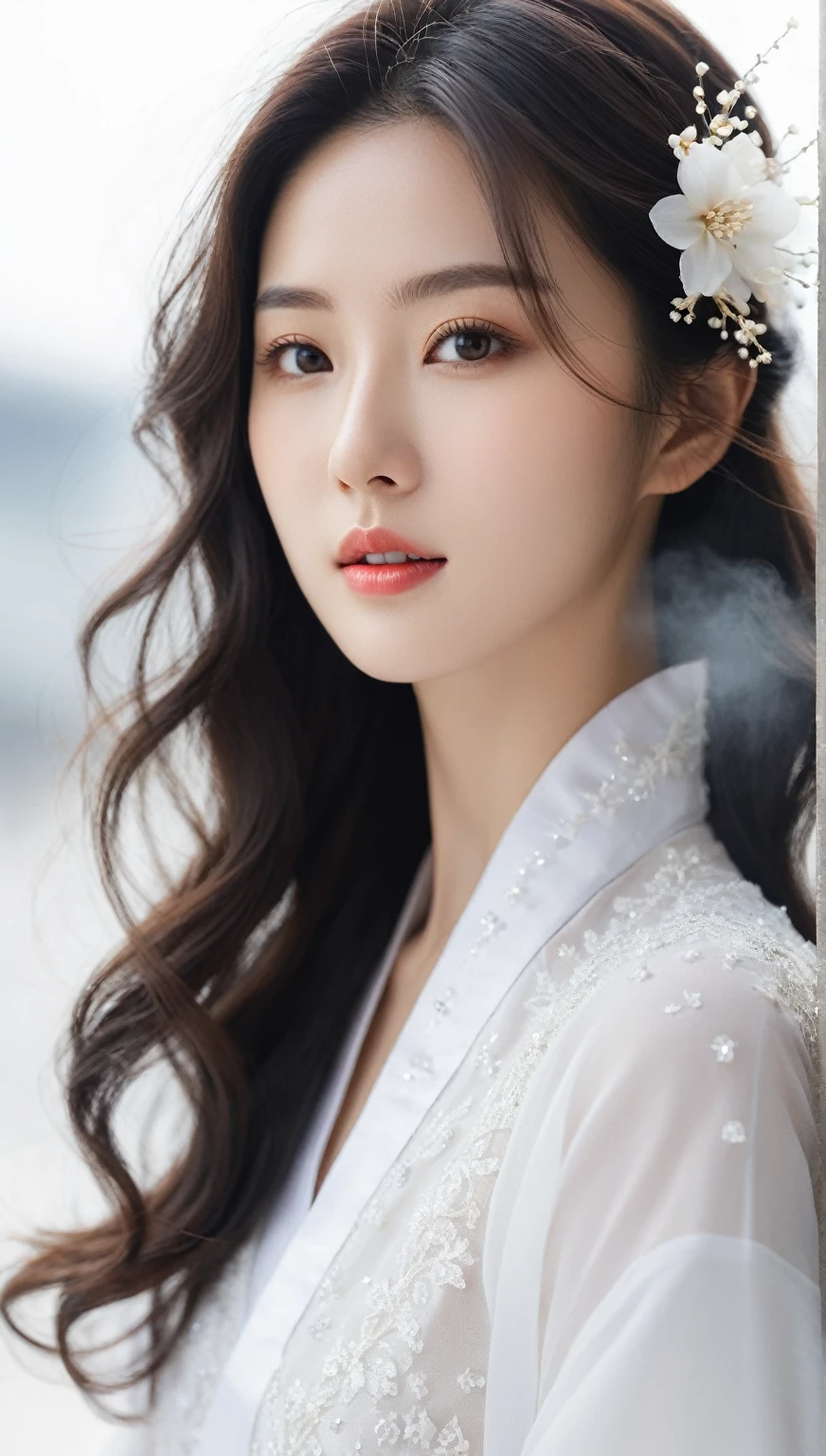 beautiful Korean woman, (((Mikamaria))), Motion blur, black and white close up, white background, a woman in an intricate and pure white hanbok dress with translucent stinging air particles on the hemline, professional fashion photography, super macro, super detailed texture of long wavy hair, poster style, minimalist ::1, tilt-shift of hands and face, Nikon, Hasselblad, Canon, Fuji, 16K