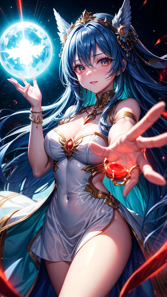The goddess holds out her hands、A red light on the right、 With a blue light in his left hand、Asking which one to choose。 Anime Images