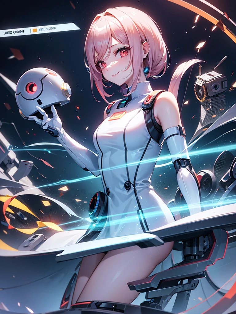 1 robot girl, android, robot style fingers, robot style legs, humanized android, looks perfectly like human being, beautiful girl, wearing scientist clothes, white coat, rose gold hair, shoulder length hair, fiery red eyes, smiling mysteriously, looking at the viewer, apocalyptic science fiction sensation, posing scientist pose, with apocalypse background, falling buildings, sci-fi sensation, robotic background, scientific background