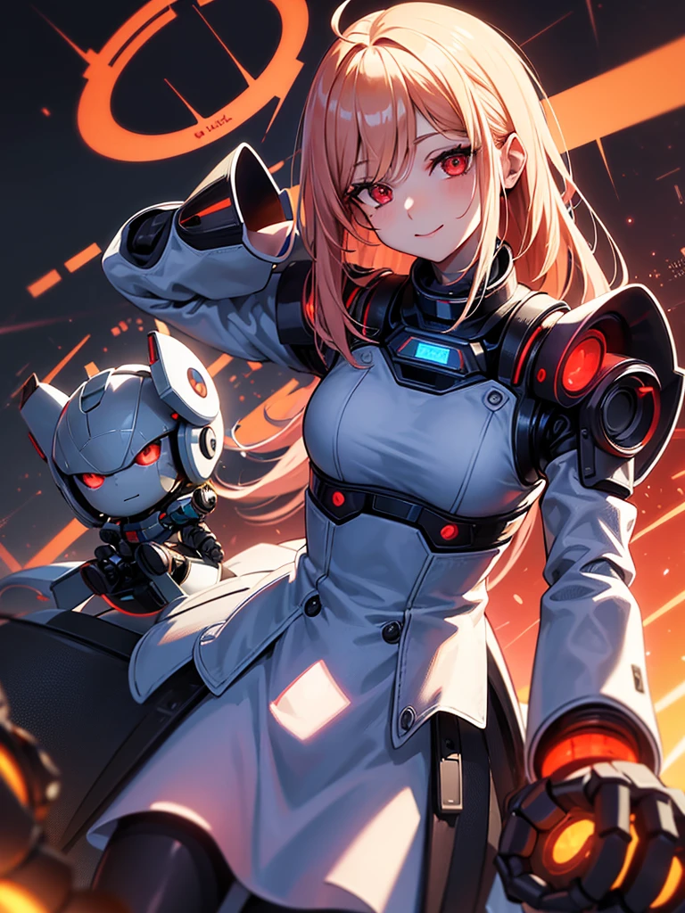 1 robot girl, android, robot style fingers, robot style legs, humanized android, looks perfectly like human being, beautiful girl, wearing scientist clothes, white coat, rose gold hair, shoulder length hair, fiery red eyes, smiling mysteriously, looking at the viewer, apocalyptic science fiction sensation, posing scientist pose, with apocalypse background, falling buildings, sci-fi sensation, robotic background, scientific background