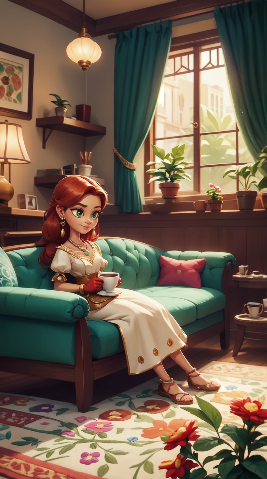 Concept Art,character illustration of a,European and American cartoons,(whole body:1.5),Mid-Long View,carpet,(Puppy lying on the floor),(Looking at the camera:1.5),shoe,一个20岁的金发女生悠闲的sit在living room,Holding a cup of coffee,A laid-back expression,Relax,Leisure,European and American cartoons,1 Girl,freckle,Solitary,Jewelry,Green Eyes,Weaving,earrings,twin Weavings,necklace,Looking at the audience,Red hair,plant,Puff sleeves,bracelet,Smile,Long hair,puffy short sleeve,Necklace,dress,flower,Coffee cup,Gloves,earrings,Jewelry,肘部Gloves,cup,,sit,sofa,window,sofa,living room,solo