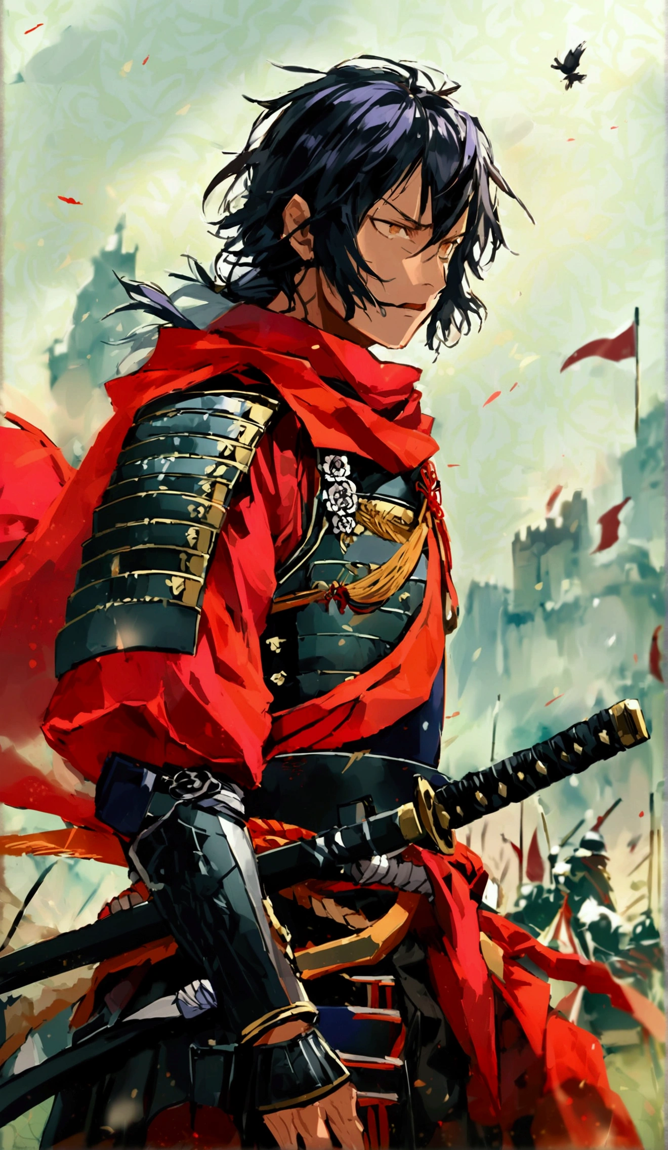 A powerful and ambitious feudal lord in Japan's Warring States period、Detailed illustration of Oda Nobunaga。He is wearing traditional samurai armor、It has an intricate design and an intimidating appearance.。Armor and helmet、Cheek、and a torso decorated with traditional Japanese motifs.。he has a sword、His expression expresses the intensity and determination that is legendary for his strength and tactical brilliance.。The background features battlefields and castles.、It symbolizes his role in many military campaigns and the unification of Japan.。The scene is moving.、There is a historic atmosphere。