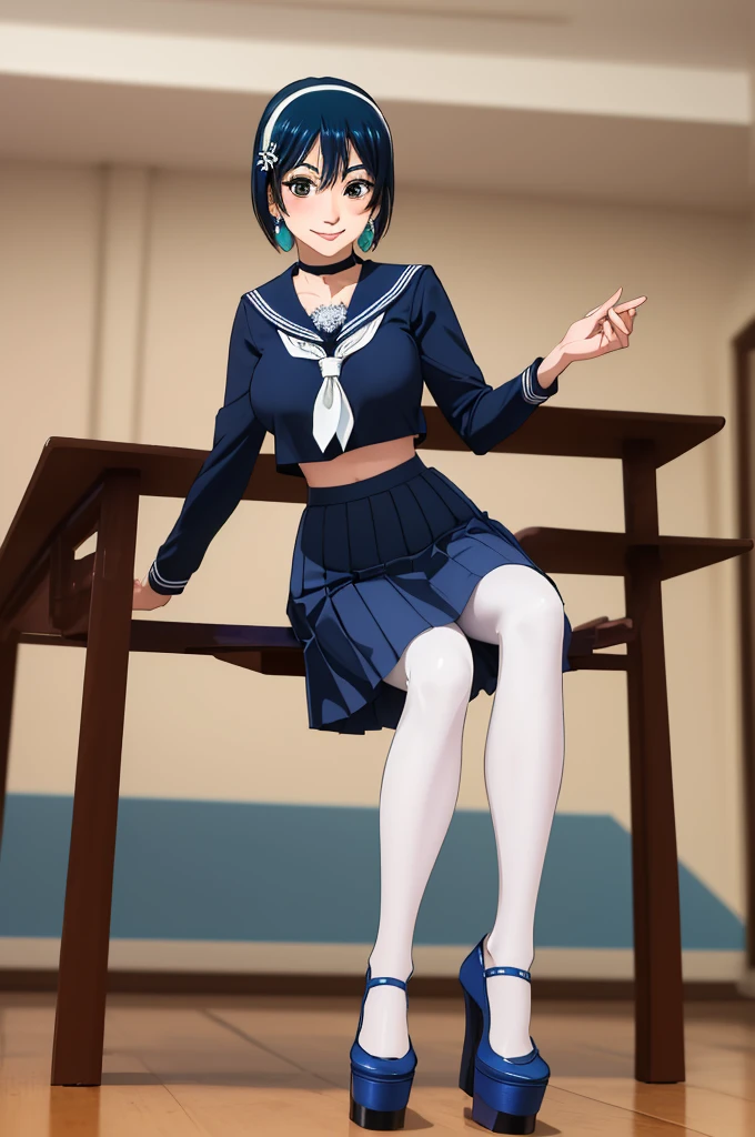 glamour photo of official art, a gorgeous girl, sitting on table, (view from below:1.2), school, classroom, (full body shot:1.2), (8k, RAW photo, best quality, depth of field, ultra high res:1.2), (absurdres, intricate, photorealistic, masterpiece, ultra-detailed:1.3, amazing scene lighting, Bright_Front_face_Lighting), shot at eye level, photography on a Fujifilm X-T4 with a 50mm lens, indoor, modelstyle photography setting, 
(pale skin, detailed skin:1.3, Glossy skin + Shiny skin:1.1), hair ornament, exquisite earrings, necklace, lace trim choker, gigantic breasts, skinny body, fit body, slim, narrow waist, slim legs, long legs, pantyhose, oxfords platform heels, 
Riko Amanai, blue hair, long straight hair, white hairband, , serafuku, blue pleaded skirt, (blush, evil smiling, perfect female anatomy, super beautiful, elegant, sexy, detailed beautiful face, nice figure, nice proportions, sexy stunning body),