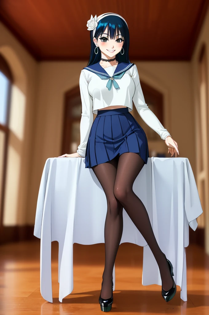 glamour photo of official art, a gorgeous girl, sitting on table, (view from below:1.2), school, classroom, (full body shot:1.2), (8k, RAW photo, best quality, depth of field, ultra high res:1.2), (absurdres, intricate, photorealistic, masterpiece, ultra-detailed:1.3, amazing scene lighting, Bright_Front_face_Lighting), shot at eye level, photography on a Fujifilm X-T4 with a 50mm lens, indoor, modelstyle photography setting, 
(pale skin, detailed skin:1.3, Glossy skin + Shiny skin:1.1), hair ornament, exquisite earrings, necklace, lace trim choker, gigantic breasts, skinny body, fit body, slim, narrow waist, slim legs, long legs, pantyhose, oxfords platform heels, 
Riko Amanai, blue hair, long straight hair, white hairband, , serafuku, blue pleaded skirt, (blush, evil smiling, perfect female anatomy, super beautiful, elegant, sexy, detailed beautiful face, nice figure, nice proportions, sexy stunning body),