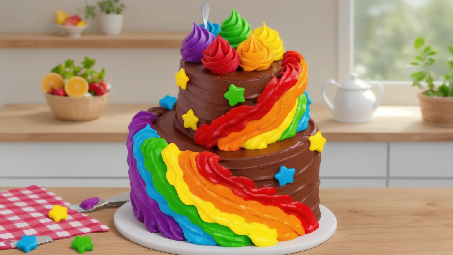 on a wooden table. there is a white plate. double tier chocolate cake ((chocolate cream texture, strokes of a pastry spatula)), rainbow cream in stitches, decorated with rainbow stars made of polymer clay, multi-colored cream on top ((cream highlights)), on the table there is a checkered tablecloth and star cornets made of polymer clay. against the background of the kitchen, vase with plant, Fruit basket, kettle, shelf with kitchen utensils. Beautiful light from the window, contour light, Multiple light sources, beautiful lighting, Bright light source, bright lighting, beautiful light sources, Multiple light sources, Realistic style , realistic texture, detailed texture, A high resolution, high quality, macro photography