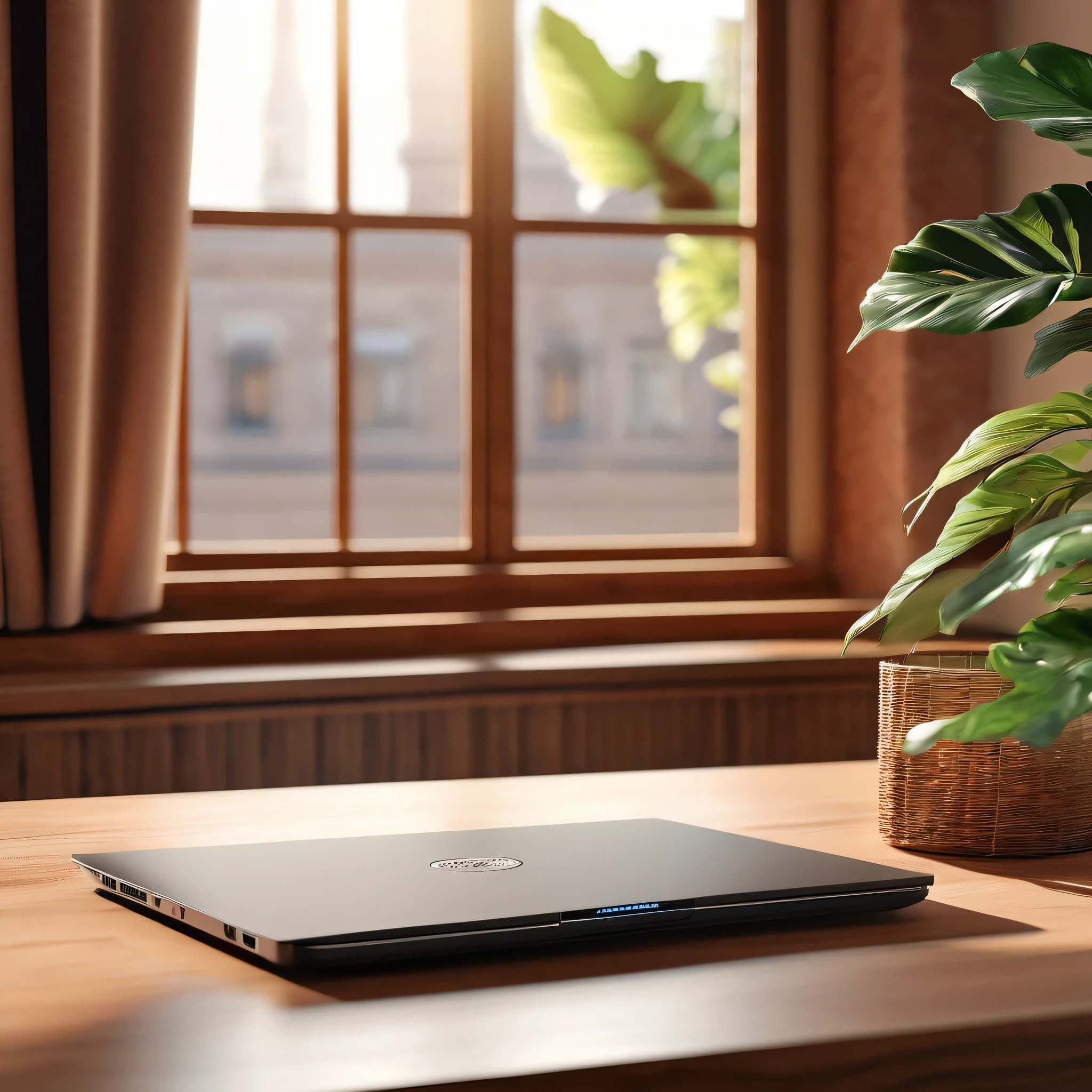 beautiful detailed interior scene, laptop computer on desk, window lighting, high quality, 8k, photorealistic, dramatic lighting, minimalist design, clean composition, still life, detailed surfaces, warm color tones, soft shadows, natural daylight, shallow depth of field, studio lighting, professional photography