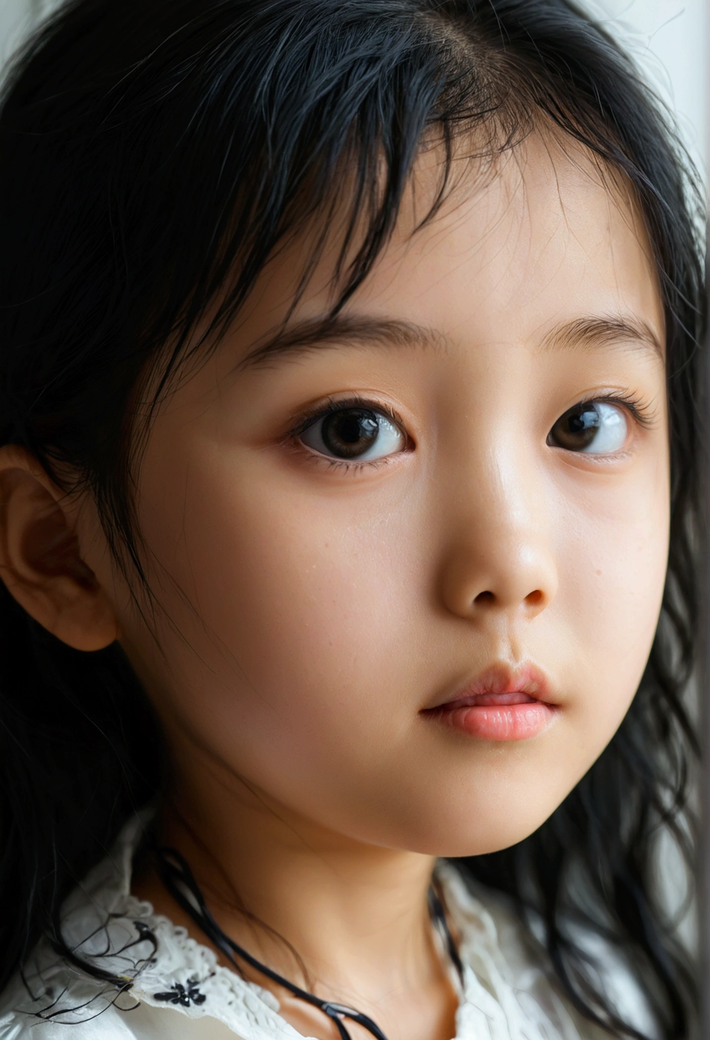 white complexion, Asian girl about 3 years old, black hair, double eyelid, big eyes, whole body, white background, natural light, Pro DSR Camera