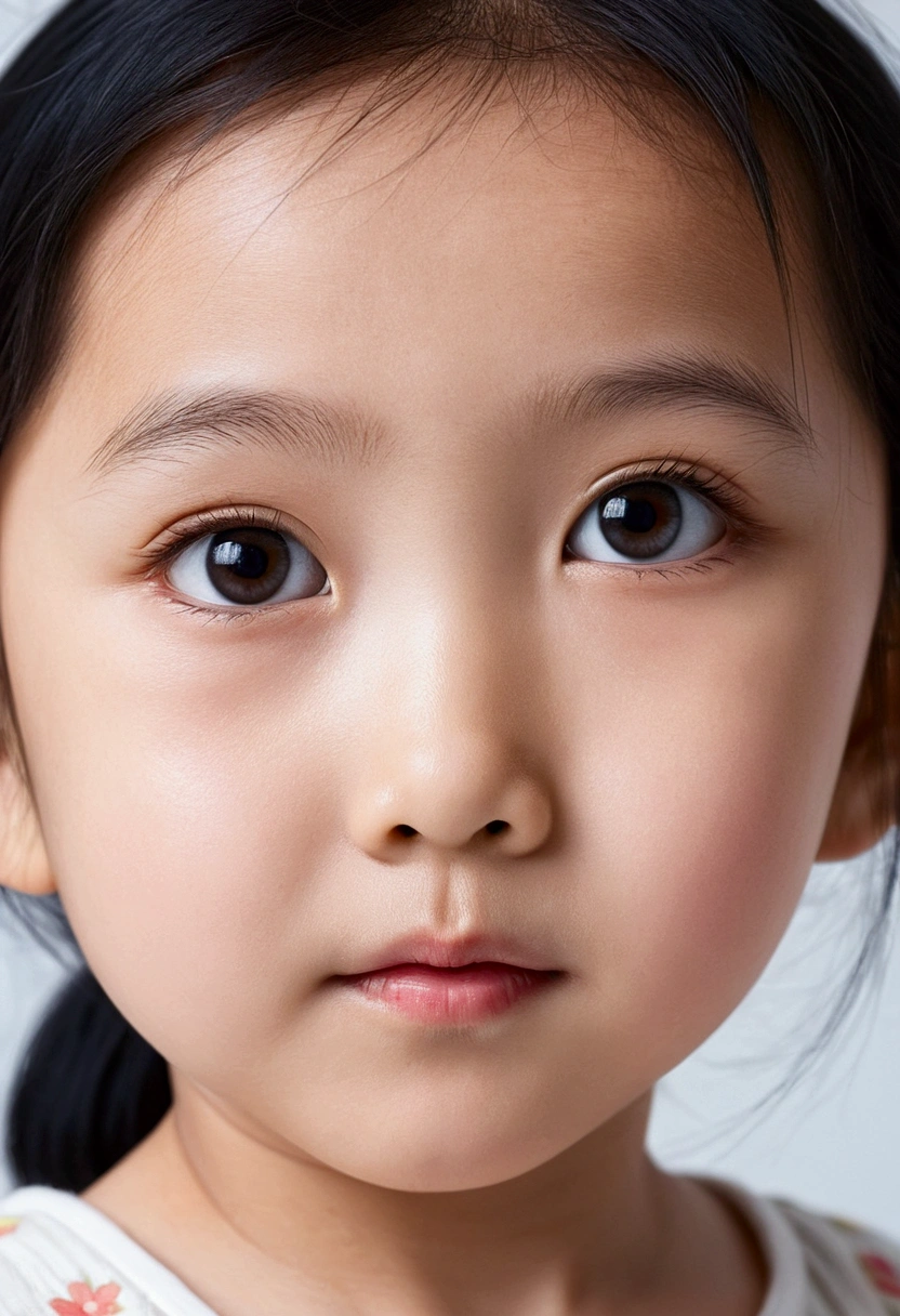 white complexion, Asian girl about 3 years old, black hair, double eyelid, big eyes, whole body, white background, natural light, Pro DSR Camera