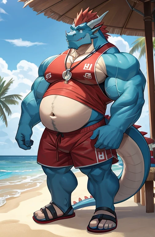 Big buff embarrassed blue cartoon dragon with a humongous ginormously oversized inflated beige stomach, high blue, white eyes with black pupils, big oversized bellybutton, light blue back, lifeguard tank top overhanging on top of his huge stomach, green necklace with dragon tooth, shocked look on his face, high pink blush, spiky red mohawk hairline, red arm necklace, huge ginormous muscular build with gigantic nipples, body hair across his chest and oversized stomach, water droplets all over his muscular body, one hand holding his giganticly oversized stomach, red lifeguard shorts, sandals, standing on a beach resort in a ready to fart position and farting out a huge enormous light green toxic gas cloud coming out of his butthole behind him