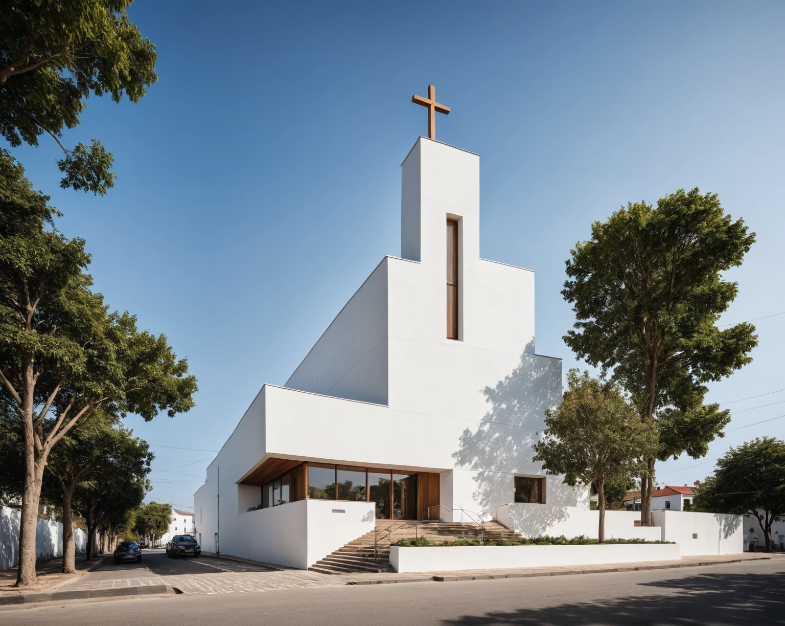 raw photo, best quality, ultra realistic, masterpiece, best quality skin, photography hd, dslr,
tcs, httlvn, modern church, road, people, house, facade design, outdoors, church, cross on top, sunshine, street view, depth of view from the tree, white wall,