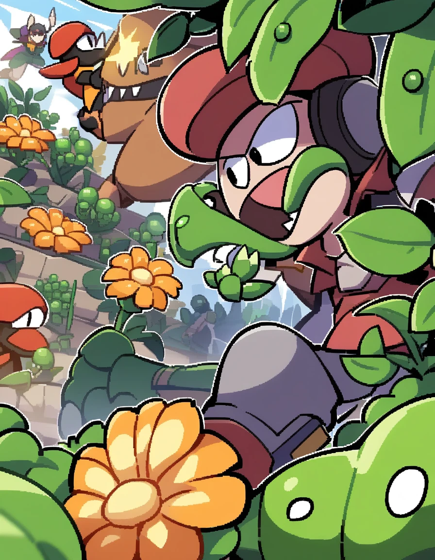 Pea shooter大战大嘴食人花,There is blood in the mouth of the Piranha Plant,Poster Visual,Chinatown Wars,Vegetable Garden,Strong Chinese style,植物大战僵尸里的Large-mouthed flower,Pea shooter是主角,Pea shooter,Large-mouthed flower,Cartoon Character, Battle with mecha monsters,, In battle,,Fight,sideways,In the War,Character Art Reverse Game Character,Battle World,In battle,A huge plant world as the background,Cartoon fantasy world,Pea shooter大战,Plant Warfare,Large-mouthed flower,Magic duel