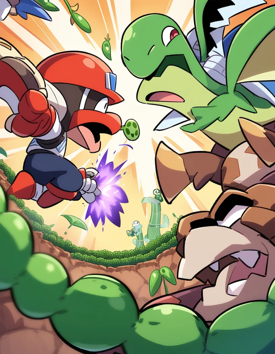 Pea shooter大战大嘴食人花,There is blood in the mouth of the Piranha Plant,Poster Visual,Chinatown Wars,Vegetable Garden,Strong Chinese style,植物大战僵尸里的Large-mouthed flower,Pea shooter是主角,Pea shooter,Large-mouthed flower,Cartoon Character, Battle with mecha monsters,, In battle,,Fight,sideways,In the War,Character Art Reverse Game Character,Battle World,In battle,A huge plant world as the background,Cartoon fantasy world,Pea shooter大战,Plant Warfare,Large-mouthed flower,Magic duel
