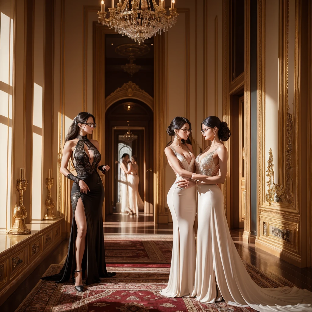 Two Muscular women inside a luxurious mansion, wearing stunning floor-length evening gowns with long evening gloves, glasses and pumps.