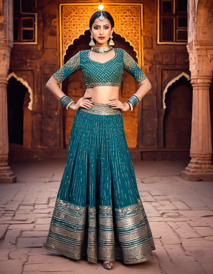 A beautiful woman in the historic setting of an ancient fort in Rajasthan, showcasing an eclectic mix of traditional and futuristic fashion. Her attire includes a vibrant lehenga with intricate patterns and metallic embellishments. She stands confidently with her hands on her hips, against the backdrop of the majestic fort. The lighting is a dramatic combination of natural sunlight and strategically placed colored lights that highlight her outfit. She accessorizes with a sleek, metallic choker and cuffs, and finishes the look with bold, geometric high heels.