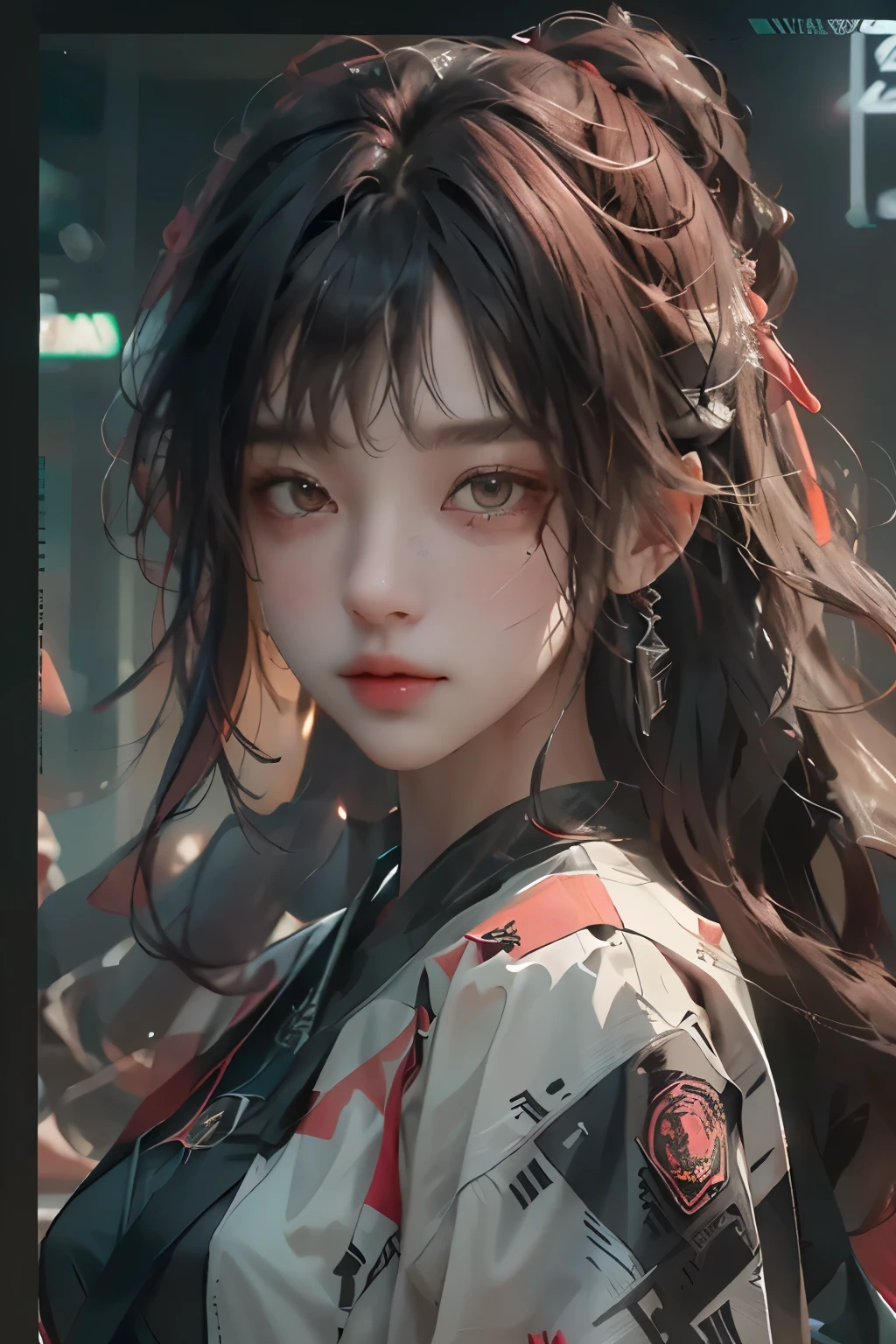 ((best quality)), ((Masterpiece)), (details:1.4), 3d, Image of a beautiful cyberpunk woman., HDR (high dynamic range), long hair, Red hair, future police, PBR surface, After processing,Anisotropic filtration,depth of field, Maximum clarity and clarity, multi-layered surface, perfect proportions, 8K raw files, รอยแผลเป็นบนใบหน้าชัด, หน้าอกใหญ่, Yoru, Brown and well-detailed eyes