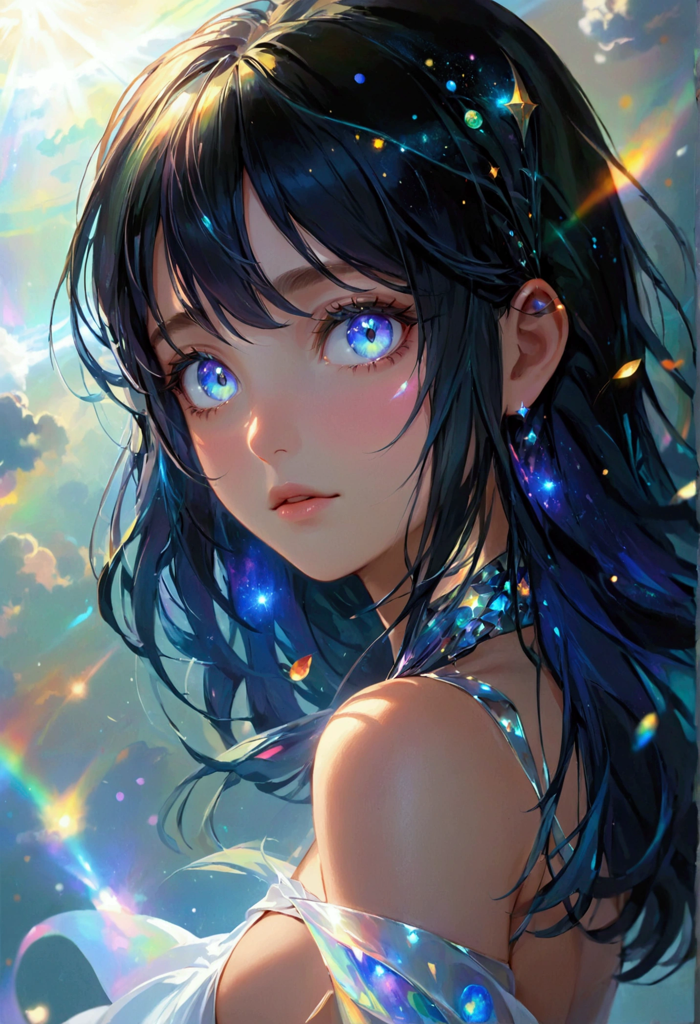 (masterpiece), best quality, expressive eyes, perfect face, Girl,long dark iridescent hair, iridescent eyes, small waist, medium chest, large thighs,cosmic aura, fantasy themed