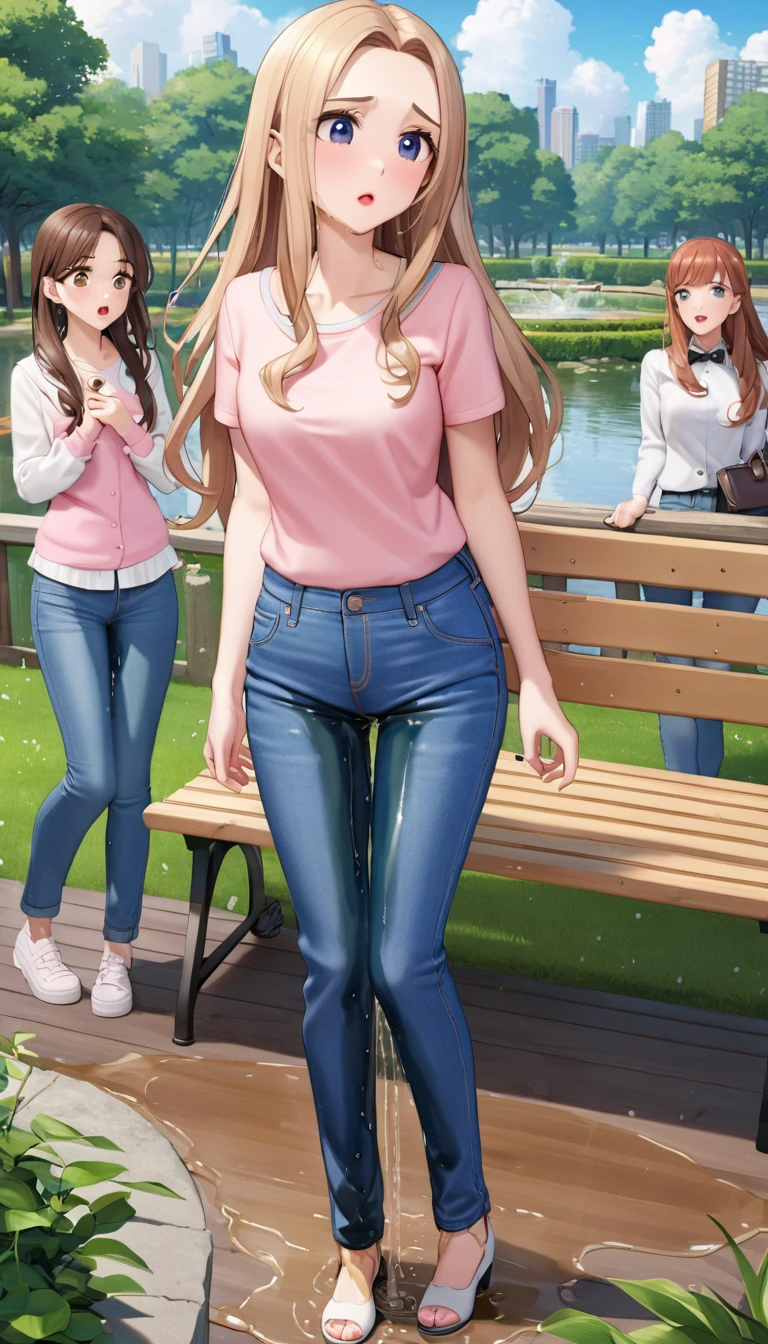 ((best quality, masterpiece:1.3, 8K)), (detailed), highly detailed face and skin texture, detailed eyes, park, pond, bench, full body, (slender body:1.1), (a group of girls:1.5), 25 years old, white skin, bright lips, scared, worried, embarrassed, long hair, (forehead:1.0), (jeans pants:1.2, flares jeans:1.2, skinny jeans:1.2, blue jeans:1.2), (wetting themself:2.5),