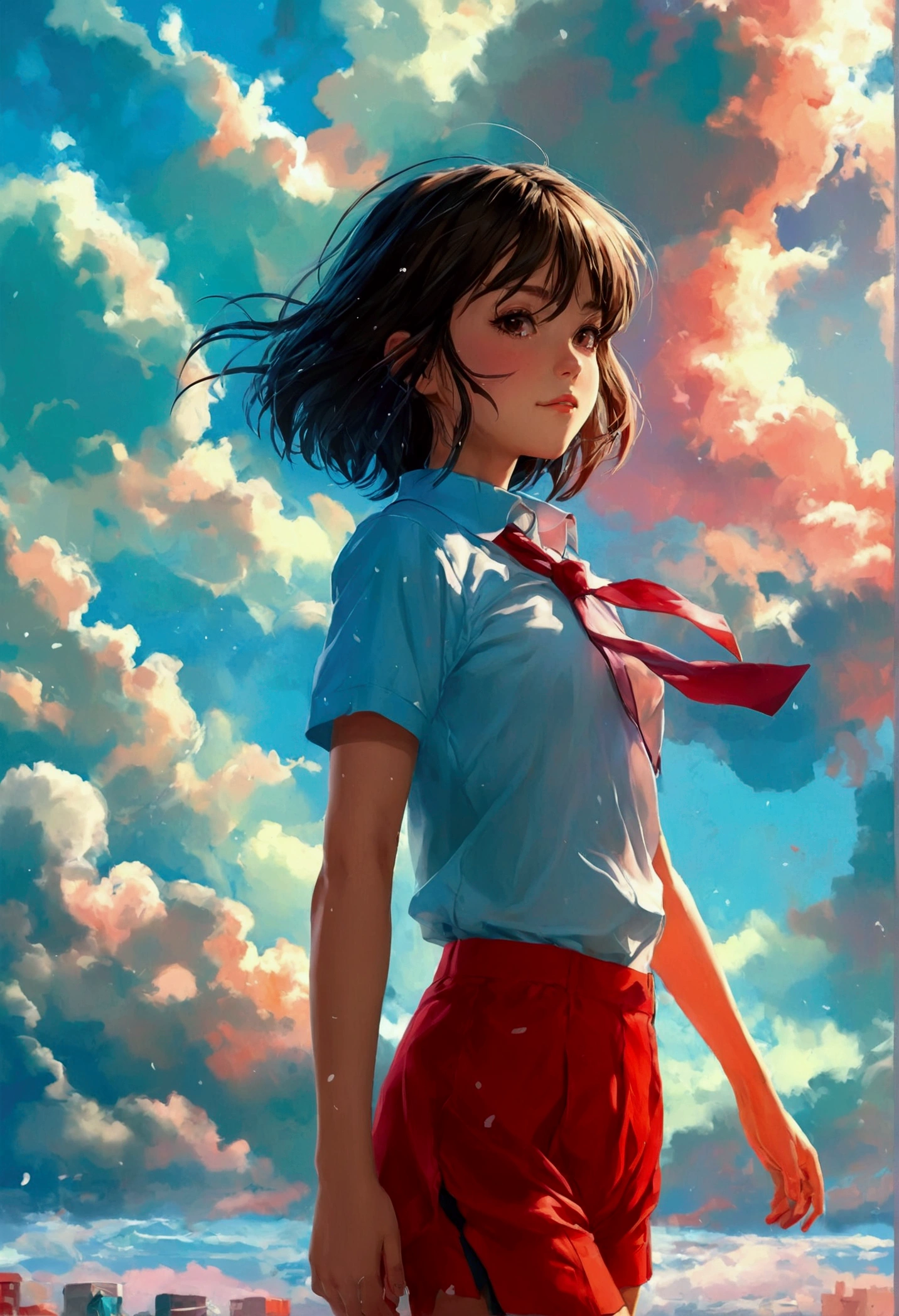 best quality,detailed background, A high school girl whose cheeks are red and her panties are visible