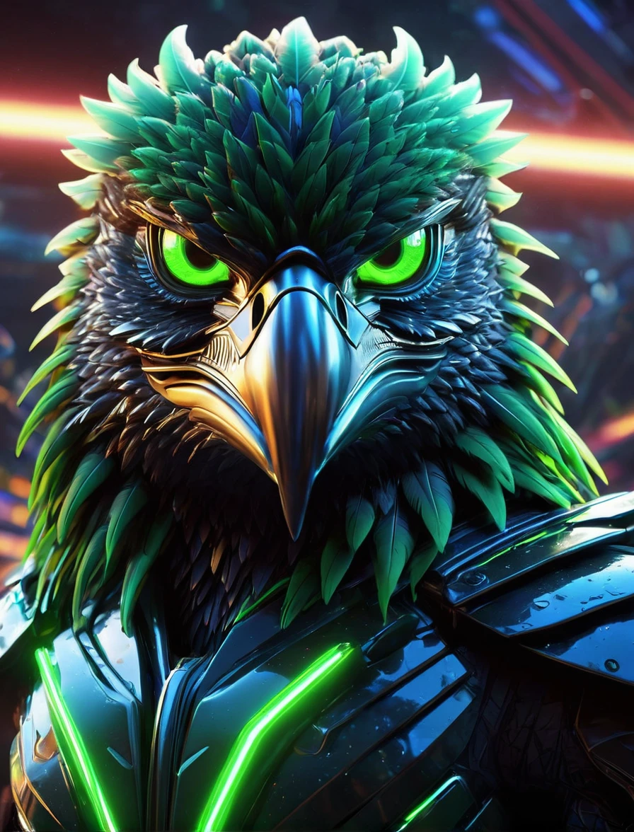 A ferocious, futuristic galactic eagle character with sharp, glowing green eyes and majestic, neon green feathers, set against a cosmic backdrop with twinkling stars. The eagle is surrounded by a high-tech, neon green frame, emphasizing its intense and menacing expression. The character's beak is open, showing sharp, glowing teeth, and its powerful build is highlighted by the neon accents on its body. The image exudes energy and power, capturing the essence of a high-tech, intergalactic predator. At the bottom, the text reads 'ALLO' with a tagline promoting instant global settlement for investing and trading assets.