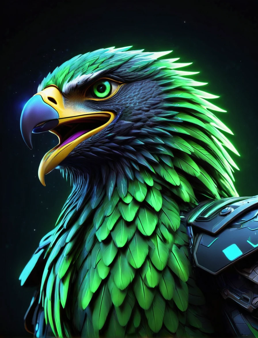 A ferocious, futuristic galactic eagle character with sharp, glowing green eyes and majestic, neon green feathers, set against a cosmic backdrop with twinkling stars. The eagle is surrounded by a high-tech, neon green frame, emphasizing its intense and menacing expression. The character's beak is open, showing sharp, glowing teeth, and its powerful build is highlighted by the neon accents on its body. The image exudes energy and power, capturing the essence of a high-tech, intergalactic predator. At the bottom, the text reads 'ALLO' with a tagline promoting instant global settlement for investing and trading assets.