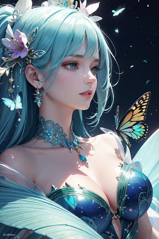 The background is greenblue,moon light,All expressed with jewels, the arrival of spring, various beautiful cherryblossoms
, Beautiful lapis lazuli swallowtail butterfly,angles looking up from below, various jewels falling from the sky, wonderful and beautiful superb view, slightly hazy, fantastic, high resolution, 8K, (best quality, highres, realistic:1.37), shiny metallic flowers, intricate and delicate petals, reflective surfaces, vibrant colors, intricate details, close-up view, surreal garden, surreal beauty, dreamy atmosphere, fine art, abstract botanicals, metallic sculpture, contrasting textures, ethereal glow