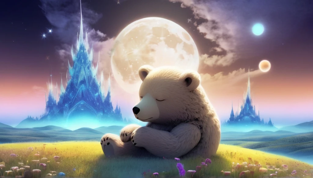 small,Fluffy Bear、 Surrounded by vibrant fields, Sleeping on a white cloud ,night、moon、 The scene is softly wrapped, Mysterious glow, Infusing the surreal with a dreamlike atmosphere, abstract scenery. 3D fractal elements add depth and dimension, Creation of magic, An otherworldly atmosphere straight out of a fairy tale.Highest quality、masterpiece