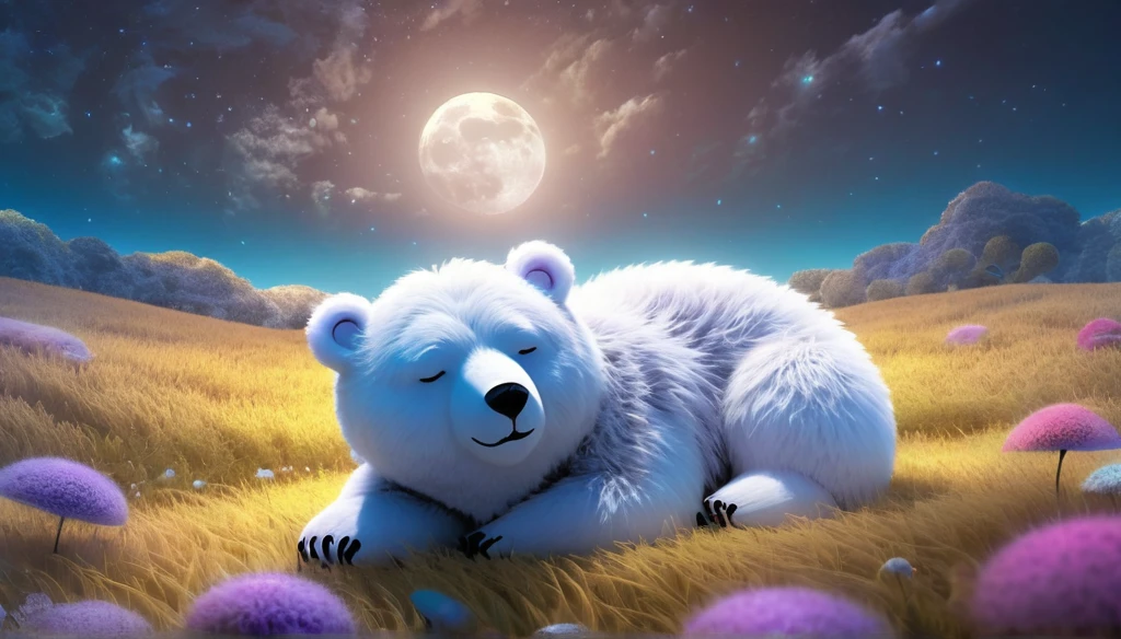 small,Fluffy Bear、 Surrounded by vibrant fields, Sleeping on a white cloud ,night、moon、 The scene is softly wrapped, Mysterious glow, Infusing the surreal with a dreamlike atmosphere, abstract scenery. 3D fractal elements add depth and dimension, Creation of magic, An otherworldly atmosphere straight out of a fairy tale.Highest quality、masterpiece
