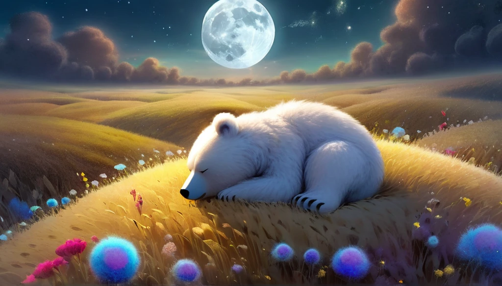 small,Fluffy Bear、 Surrounded by vibrant fields, Sleeping on a white cloud ,night、moon、 The scene is softly wrapped, Mysterious glow, Infusing the surreal with a dreamlike atmosphere, abstract scenery. 3D fractal elements add depth and dimension, Creation of magic, An otherworldly atmosphere straight out of a fairy tale.Highest quality、masterpiece