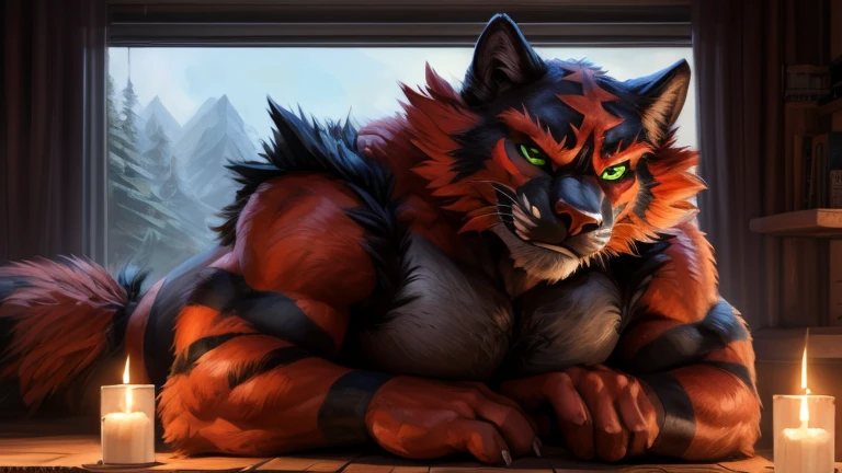 Male, (((solo))) character, incineroar, Male focus, 8k wuality, ultra realistic, 3d render, digital art, beautiful and detailed portrait of a Male incineroar, kenket, Ross Tran,ruan jia, uploaded to e621, zaush, foxovh, cenematic lighting, (((confident, seductive))), not muscular, weak, (((whole body showed))), (((detailed green eyes))), (((correct position))), (((dating))), (((loving eyes))), (((full in love))), (((seductive))), (((seduction))), (((master))), (((dominant))), (((sexy))), (((full body commission))), (((whole body showed))), (((feral))), (((bulge)))