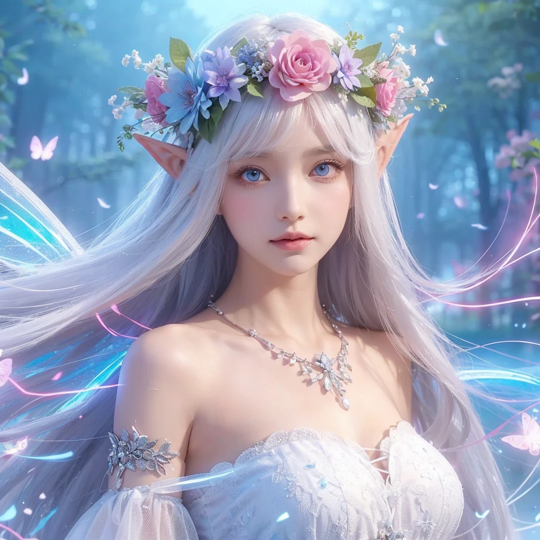 beautiful woman, white hair, white eyes, wearing pink and light blue flower crown, wearing white dress, elf ear, "surrounded by light blue, pink, and purple light, magic forest background