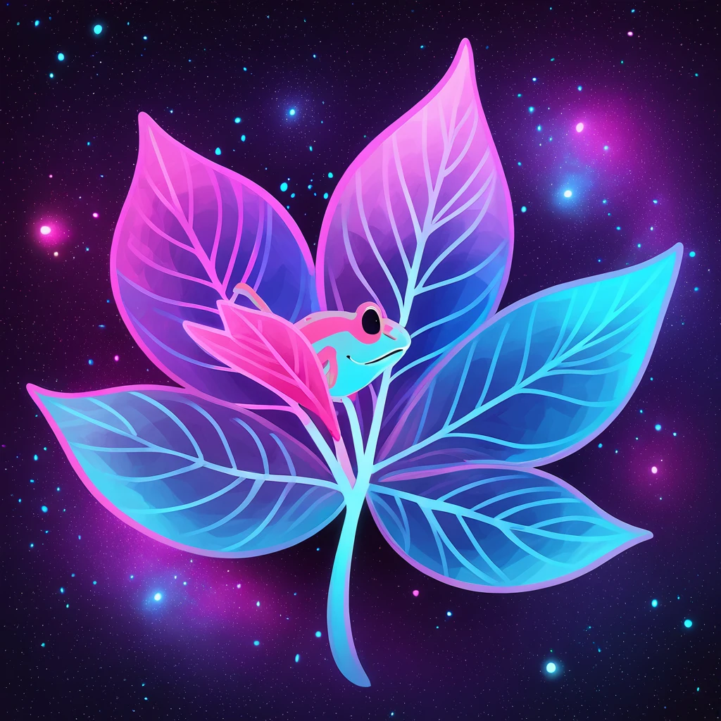frog leaf vivid pink and blue in galaxy art style
