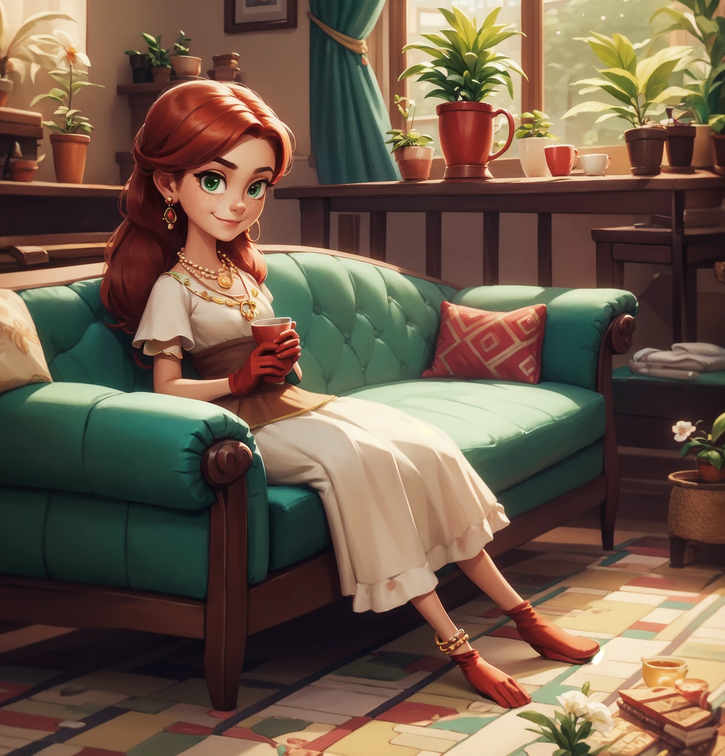 Concept Art,character illustration of a,European and American cartoons,（whole body：1.5），Mid-Long View，carpet，（Puppy lying on the floor），（Looking at the camera：1.5），shoe，一个20岁的金发女生悠闲的sit在living room，Holding a cup of coffee，A laid-back expression，Relax，Leisure，European and American cartoons，1 Girl,freckle,Solitary,Jewelry,Green Eyes,Weaving,earrings,twin Weavings,necklace,Looking at the audience,Red hair,plant,Puff sleeves,bracelet,Smile,Long hair,puffy short sleeve,Necklace,dress，flower，Coffee cup，Gloves，earrings，Jewelry，肘部Gloves，cup，，sit，sofa，window，sofa，living room，solo
