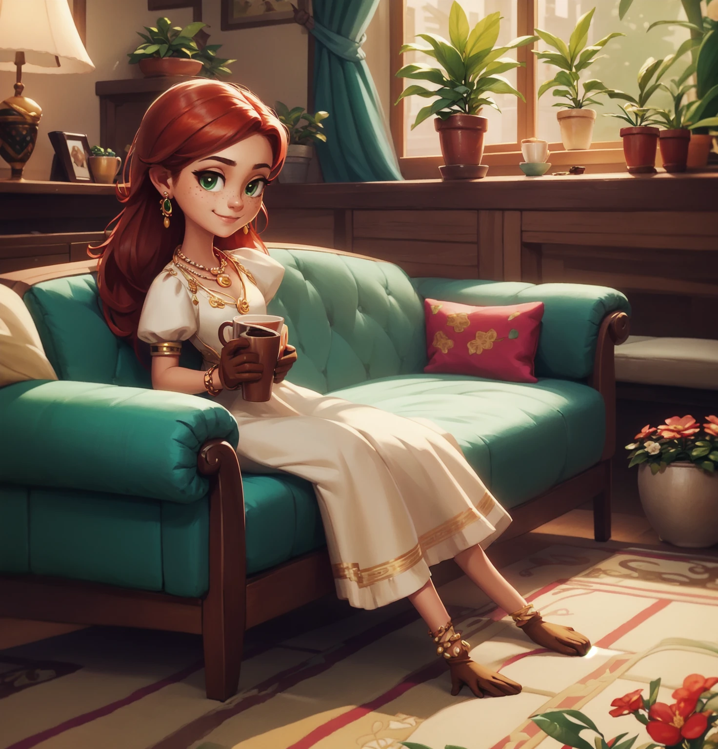 Concept Art,character illustration of a,European and American cartoons,（whole body：1.5），Mid-Long View，carpet，（Puppy lying on the floor），（Looking at the camera：1.5），shoe，一个20岁的金发女生悠闲的sit在living room，Holding a cup of coffee，A laid-back expression，Relax，Leisure，European and American cartoons，1 Girl,freckle,Solitary,Jewelry,Green Eyes,Weaving,earrings,twin Weavings,necklace,Looking at the audience,Red hair,plant,Puff sleeves,bracelet,Smile,Long hair,puffy short sleeve,Necklace,dress，flower，Coffee cup，Gloves，earrings，Jewelry，肘部Gloves，cup，，sit，sofa，window，sofa，living room，solo