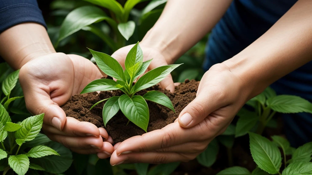 Plant in Hands. Ecology concept. Nature Background