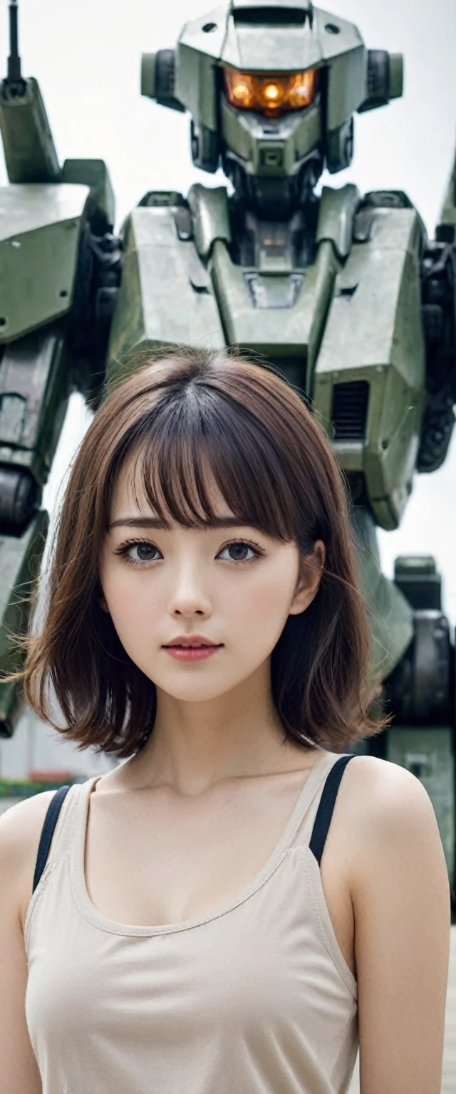 ((A girl wearing a camouflage Army military uniform)),(full body),((the girl has very very short hair style:1.68)),((bangs)),((the girl is 15 years old)),(the girl has abnormal ultra extra gigantic huge breasts:1.98),(the girl's each breast is more than the nineth times size of the girl's head:1.98),feminine,((baby face:1.37)),((very cute face:1.37)),((small nose,slim waist,small hip)),brown hair, smooth hair, smooth skin, ((big double eyelid eyes)), ((brown eyes)),((At the Air Force Base)),((Cutting-edge Ultra-high Giant Combat Robots are lined up behind the girl:1.37)),