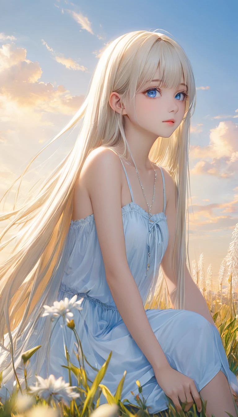 (masterpiece, Highest quality:1.2), One girl, alone,bony body、15 years old、Shiny platinum blonde silk super long straight hair, beautiful shiny bangs, big clear sky blue eyes, very beautiful bright eye highlightaster piece , best quality , (wariza) , hand between legs ,
