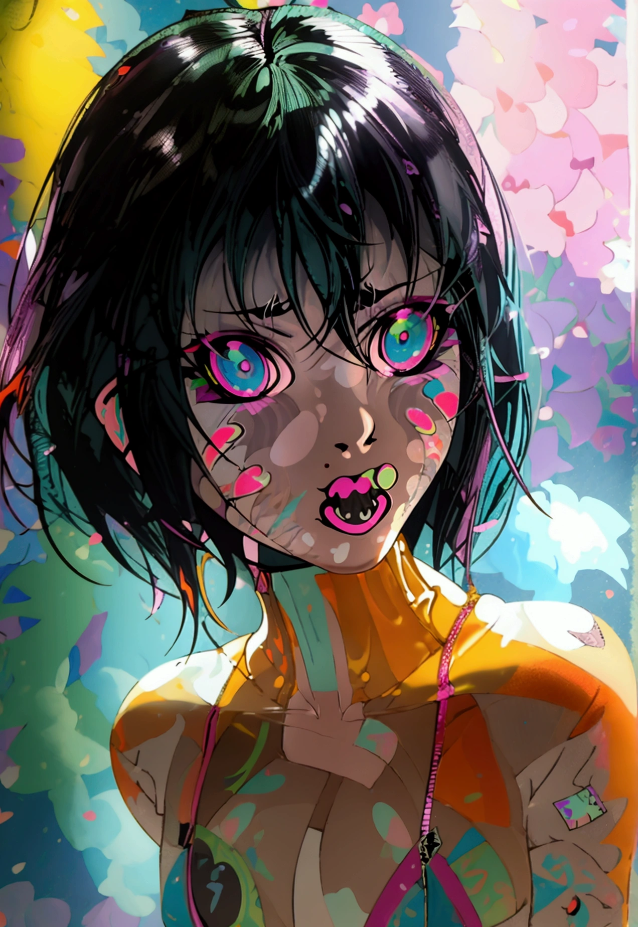 Anime beauties ,Cleaning Small Surfaces, (magazine cover:1), ((from above:1.3))、((Eat ice cream)), (Lots of stickers:1.5), 1 cute girl, best quality、ウルトラ - high resolution、high resolution、Detailed CG、8k unit wallpaper、17 years old、beautiful eyes, Black straight hair、Patterson Bangs、(((Different types of colorful super shiny latex swimsuits)))、(Shiny body,:1.5)、((gentlemen.々Street Fashion、Oversized zip-up jacket、stocking、Tech sneakers))、Breast Augmentation、Large Breasts，Cleavage，blush, Embarrassed、(Ahegaio:1.5), ((portrait)) information