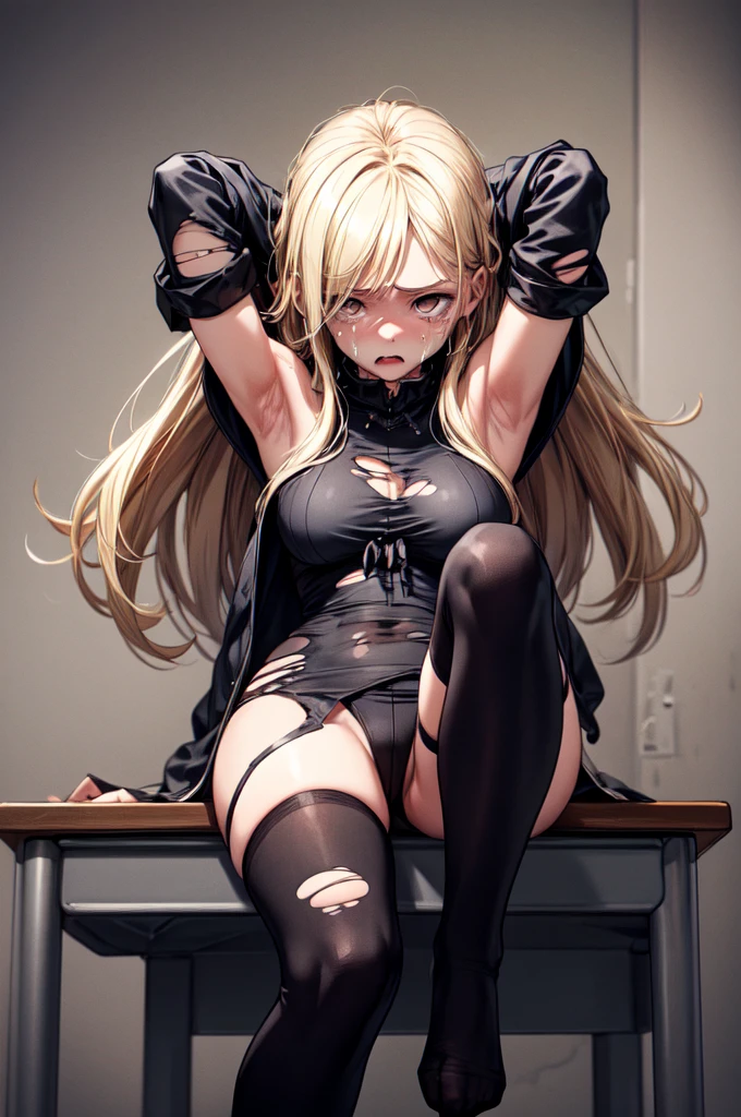 (masterpiece, best quality), 1girl, solo,sitting on a desk, beautiful face, blonde hair, torn clothes, torn legwear, dark , black thighhighs, moldy room, scared,crying, terrified face, itricate details, tied arms behind head, dark atmosphere, danger,