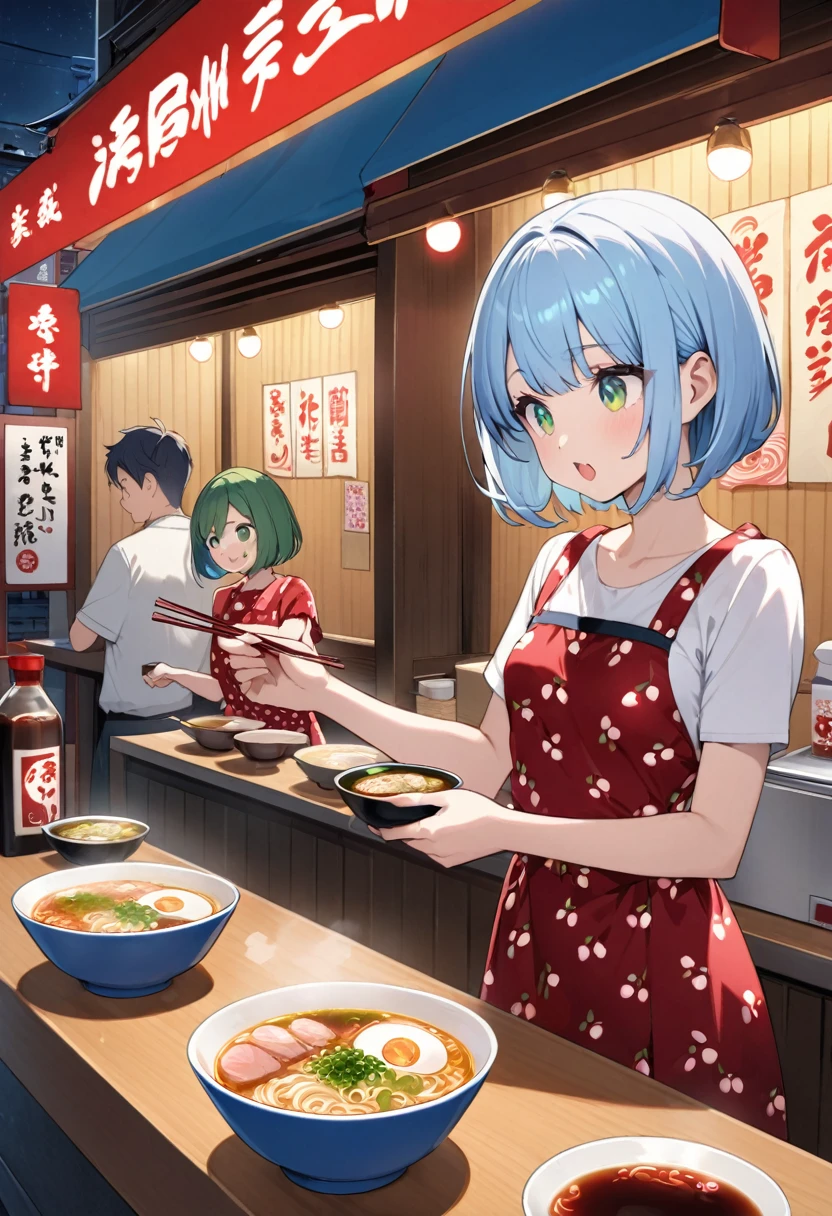Light blue hair、Short Bob、Deep green eyes、Small breasts、Cherry print dress、Ramen stall、night、counter、Eat soy sauce ramen