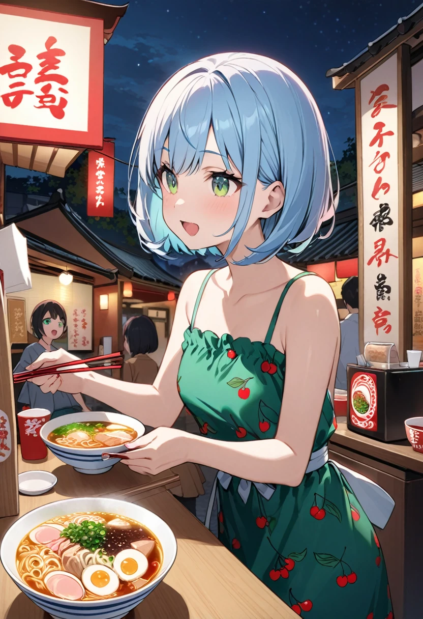 Light blue hair、Short Bob、Deep green eyes、Small breasts、Cherry print dress、Ramen stall、night、counter、Eat soy sauce ramen