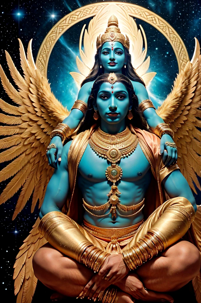 "Generate an image depicting Lord Sri Maha Vishnu, with cyan-colored skin, riding the mighty eagle Garuda, who has spread his vast wings wide. The background should be a surrealistic blend of cosmic colors and swirling galaxies, with both Vishnu and Garuda portrayed in a majestic and divine manner. Vishnu should be adorned with traditional divine attire and ornaments, while Garuda exudes power and grace in his eagle form."