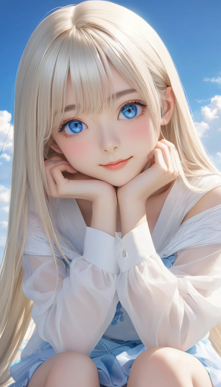 (masterpiece, Highest quality:1.2), One girl, alone,bony body、15 years old、Shiny platinum blonde silk super long straight hair, beautiful shiny bangs, big clear sky blue eyes, very beautiful bright eye highlightaster piece , best quality , (wariza) , hand between legs ,