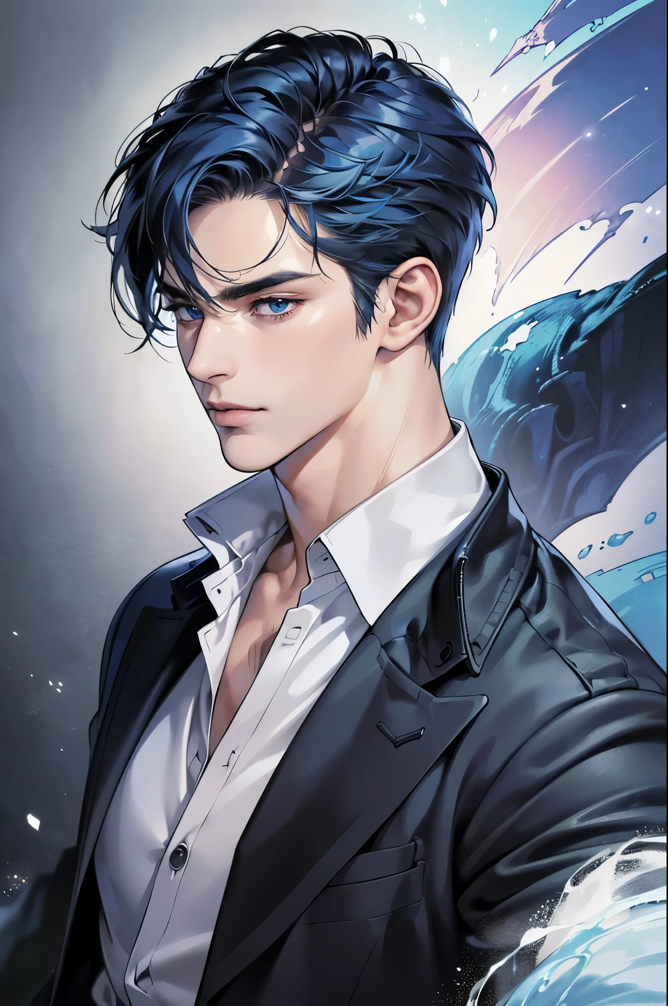 (best quality,4k,8k,highres,masterpiece:1.2),ultra-detailed,(realistic,photorealistic,photo-realistic:1.37),30 year old man,handsome anime,portraits,strong,masculine,dark blue hair,sharp jawline,mesmerizing eyes,perfectly styled hair,short hair, cool anime outfit,confident expression,vibrant colors,dynamic lighting