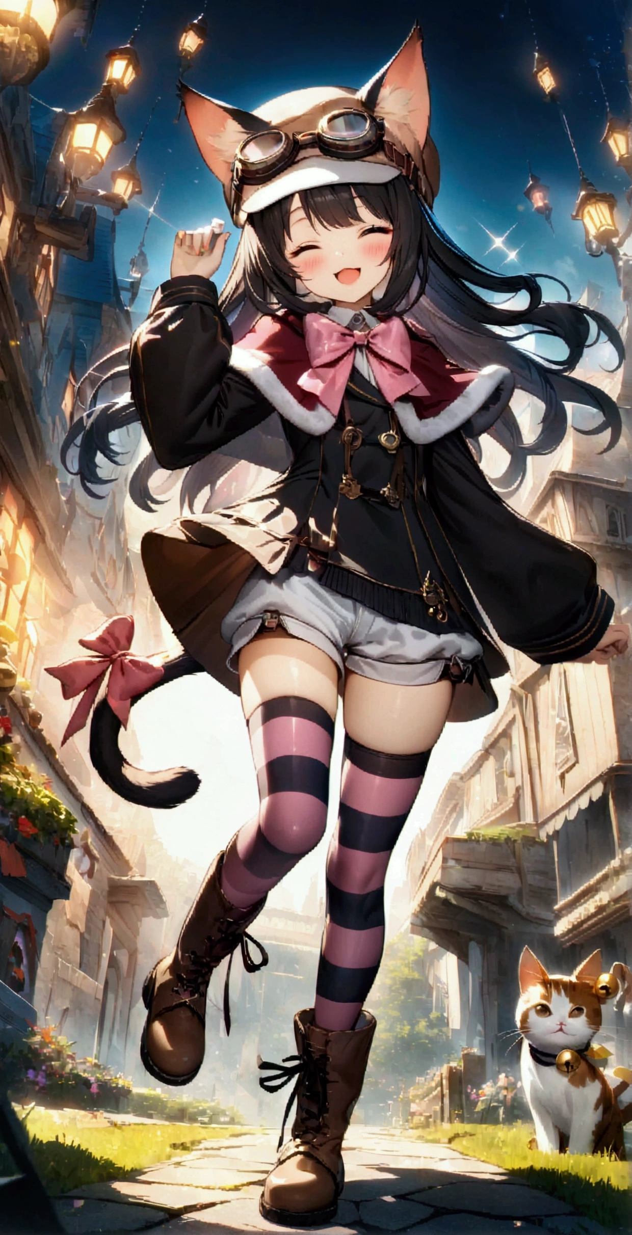 ((32k)), ((best quality)), ((ultra high res)), ((HDR)), ((UHD)), ((extremely detailed CG)), ((unity 32k wallpaper)), 1girl, solo, long hair, blush, smile, open mouth, skirt, black hair, thighhighs, long sleeves, hat, bow, ribbon, holding, animal ears, standing, tail, full body, closed eyes, boots, one eye closed, shorts, striped, cat ears, zettai ryouiki, coat, cat tail, sparkle, bell, capelet, cat, standing on one leg, cat girl, pink bow, goggles, striped thighhighs, tail ornament, key, ears through headwear, tail ribbon, tail bow, goggles on headwear,