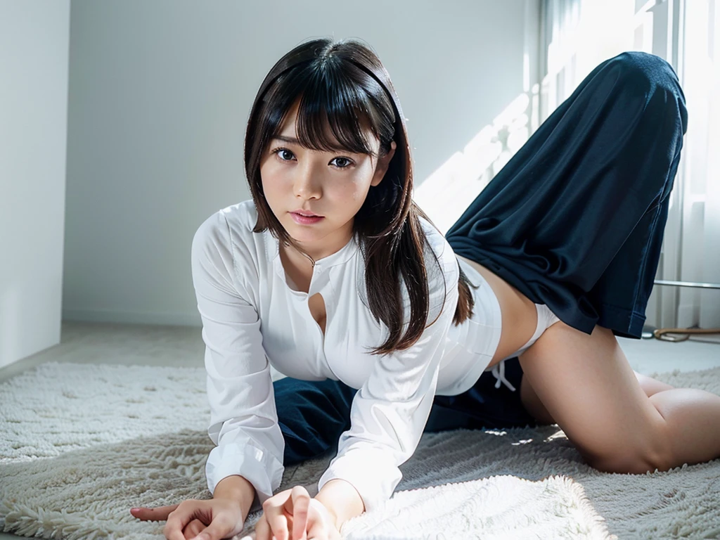 Live Action、8K, Highest quality, Realistic, Very detailed、A simple white room、Young and beautiful girl、Show your forehead、Very large breasts、White underwear with very detailed and intricate design、On all fours