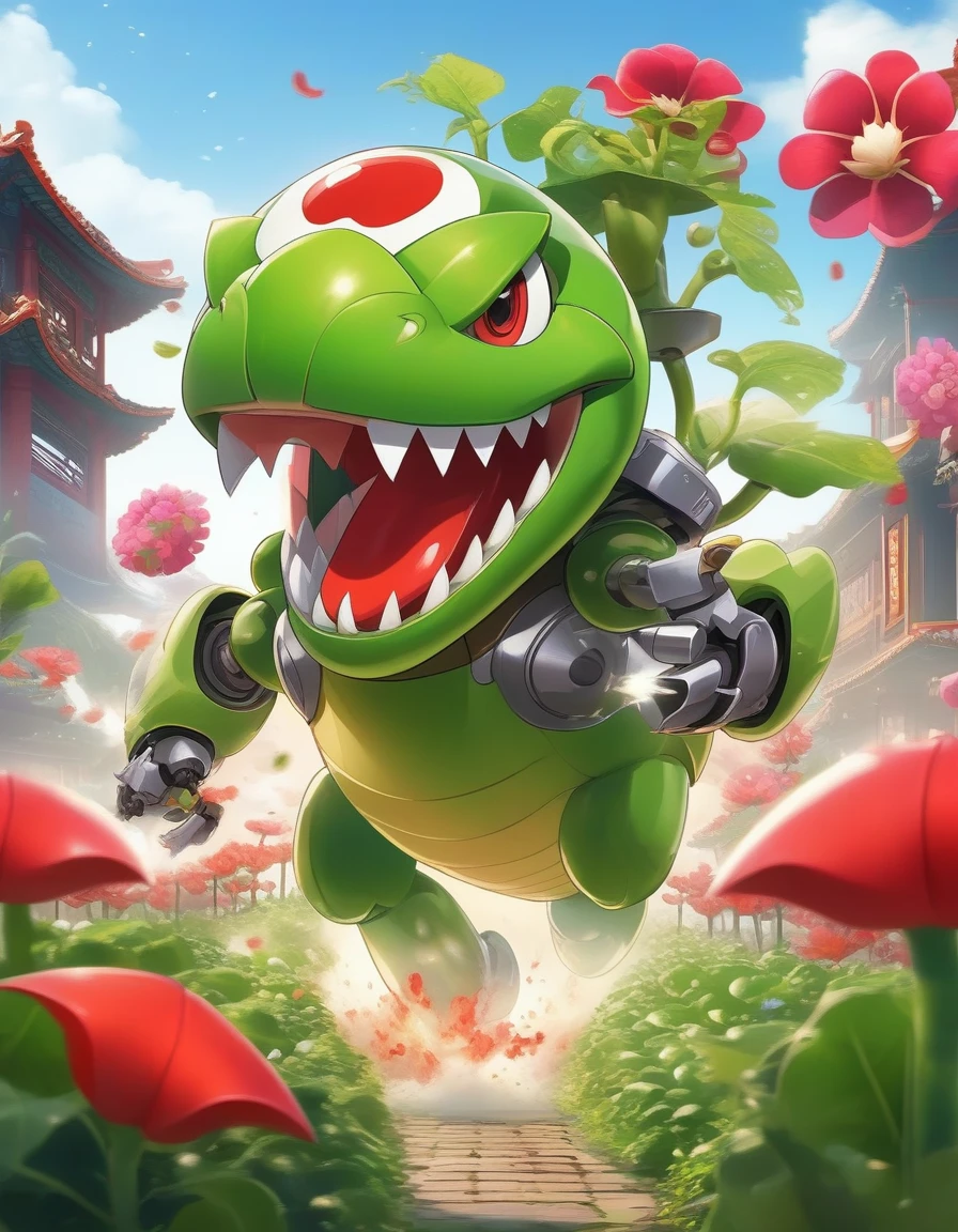 Pea shooter大战大嘴食人花，There is blood in the mouth of the Piranha Plant，Poster Visual，China Town，Vegetable Garden，Strong Chinese style，植物大战僵尸里的Large-mouthed flower，Pea shooter是主角，Pea shooter，Large-mouthed flower，Cartoon Character, Battle with mecha monsters，, In battle，，Fight，sideways，In the War，Character Art Reverse Game Character,Battle World，In battle，A huge plant world as the background，Cartoon fantasy world，Pea shooter大战，Plant Warfare，Large-mouthed flower，Magic duel